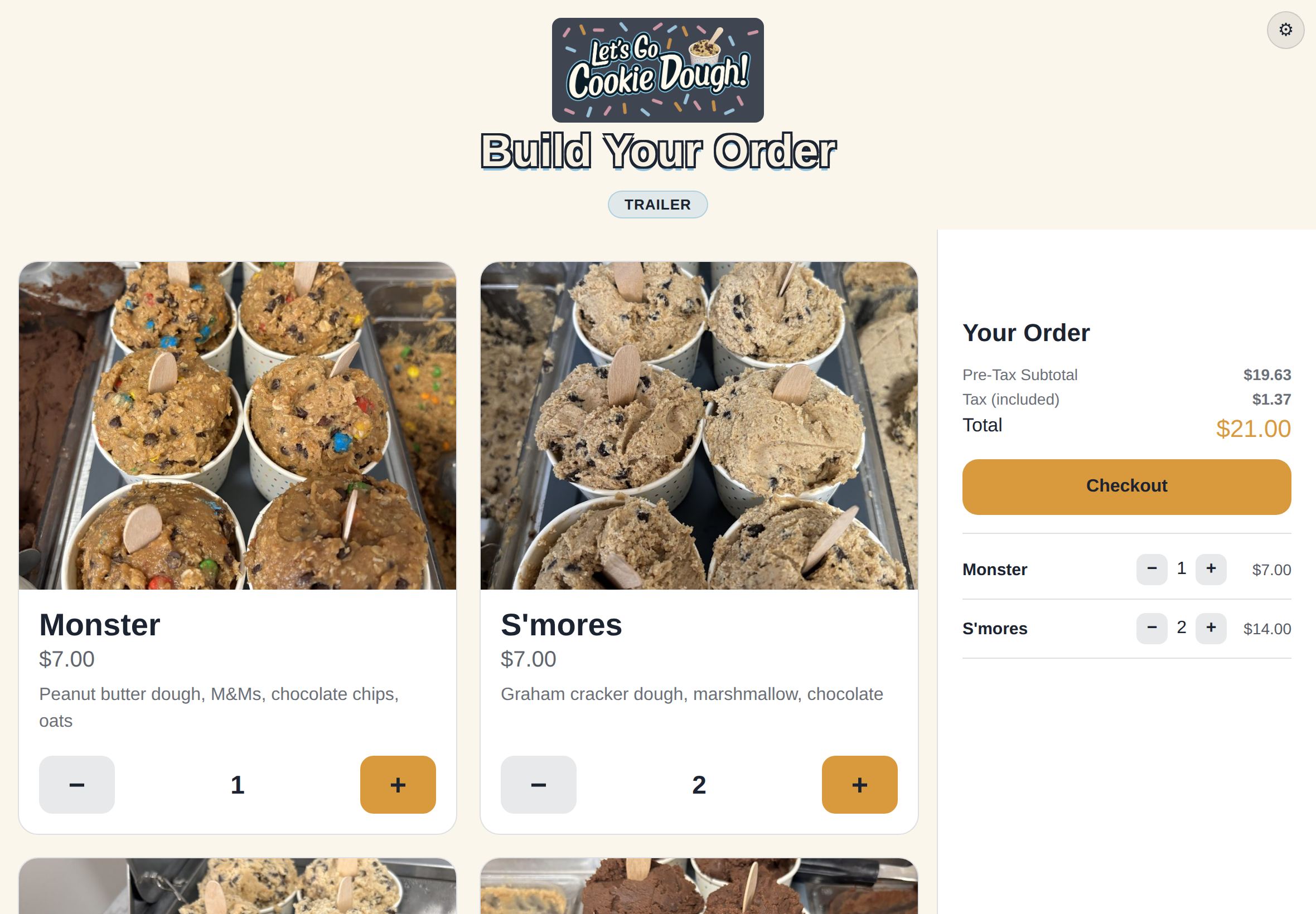 The StreetKiosk kiosk on Let's Go Cookie Dough's trailer: menu with photos and the order total